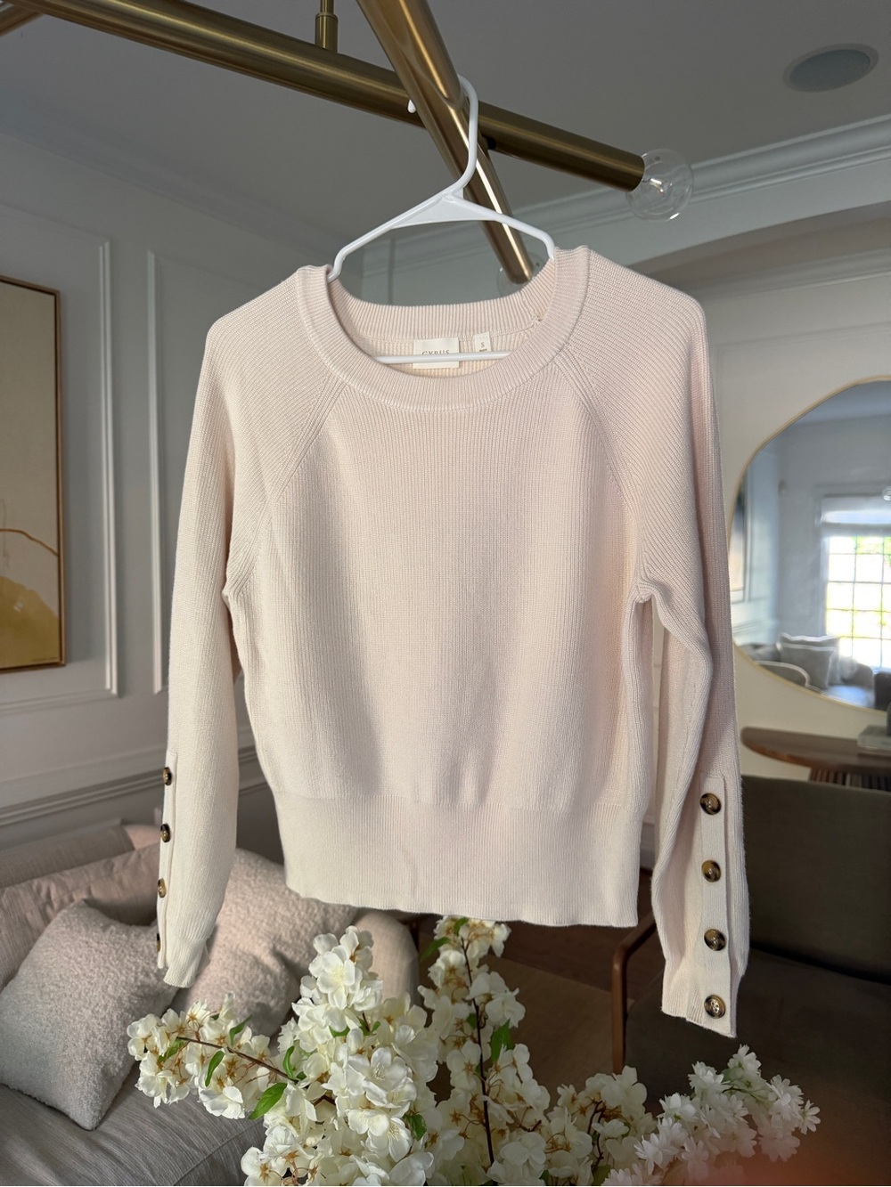 NWOT Cyrus Ribbed Fisherman Knit Button-Sleeve Sweater Cream